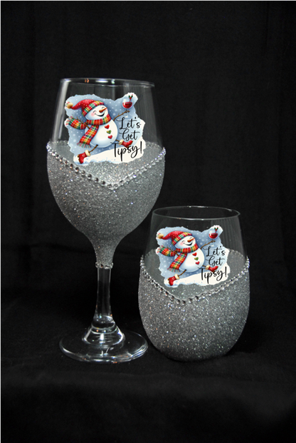 Winey Bitches Co "Let's Get Tipsy” — Snowman Holiday Bling Glass" Snowman Collection Holiday Drinkware-Choose your color