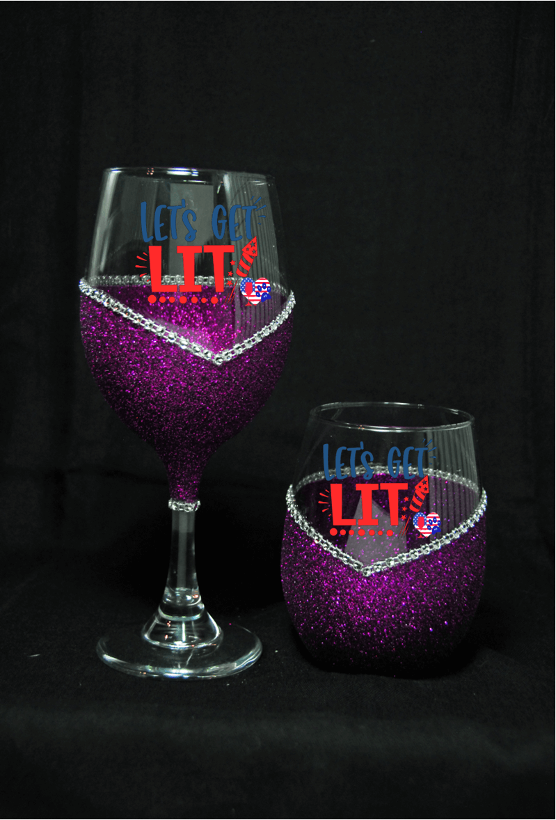 Let’s Get Lit – Bling Glitter Glass Wine Glasses (4th of July Collection)