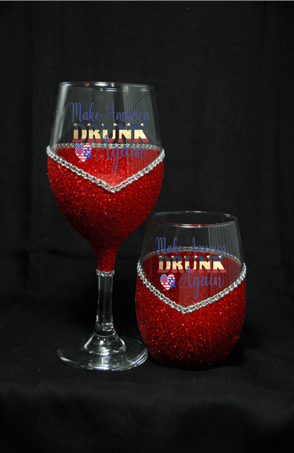 Make America Drunk Again – Bling Glitter Glass Wine Glasses (4th of July Collection)