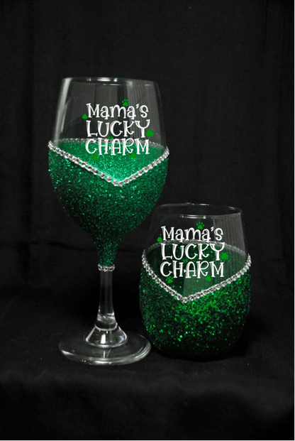 🍀🍷💋✨ Winey Bitches Co Mama’s Lucky Charm – Bling Glitter Wine Glasses (St. Patrick’s Day Collection)