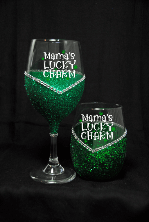 🍀🍷💋✨ Winey Bitches Co Mama’s Lucky Charm – Bling Glitter Wine Glasses (St. Patrick’s Day Collection)