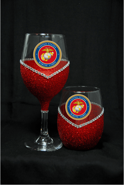 🦅🍷💋🇺🇸✨ Winey Bitches Co Military–Marines Bling Stem or Stemless Wine Glasses