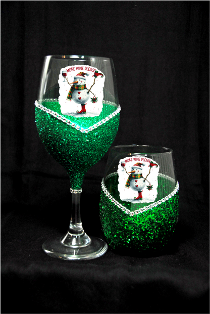 Winey Bitches Co "More Wine Please” — Snowman Holiday Bling Glass" Snowman Collection Holiday Drinkware-Choose your color