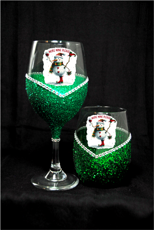 Winey Bitches Co "More Wine Please” — Snowman Holiday Bling Glass" Snowman Collection Holiday Drinkware-Choose your color