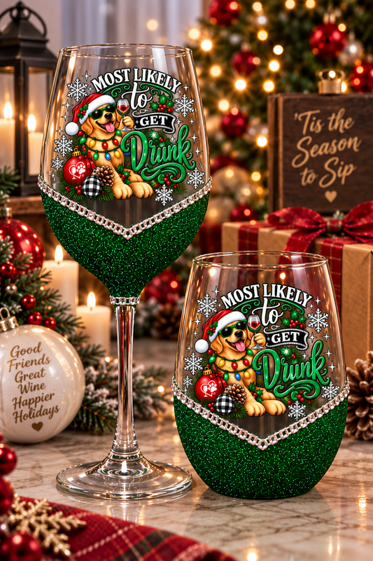 Winey Bitches Co "Most Likely To Get Drunk" Bling Stem or Stemless Wine Glasses-Choose your color-Just Sayin'