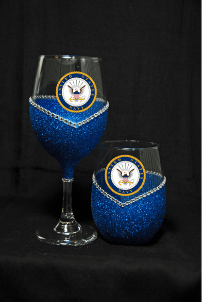 🦅🍷💋🇺🇸✨ Winey Bitches Co Military–Marines Bling Stem or Stemless Wine Glasses