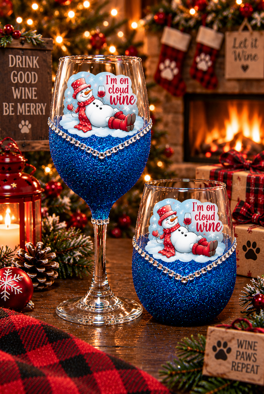 Winey Bitches Co "I'm On Cloud Wine” — Snowman Holiday Bling Glass" Snowman Collection Holiday Drinkware-Choose your color