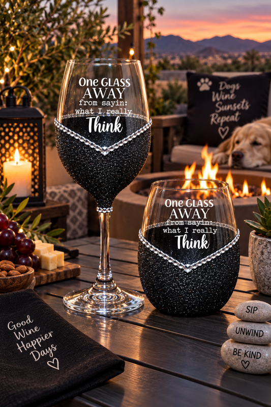 One Glass Away From Saying What I Really Think – Bling Glitter Glass Wine Glasses (Just Sayin’ Collection)