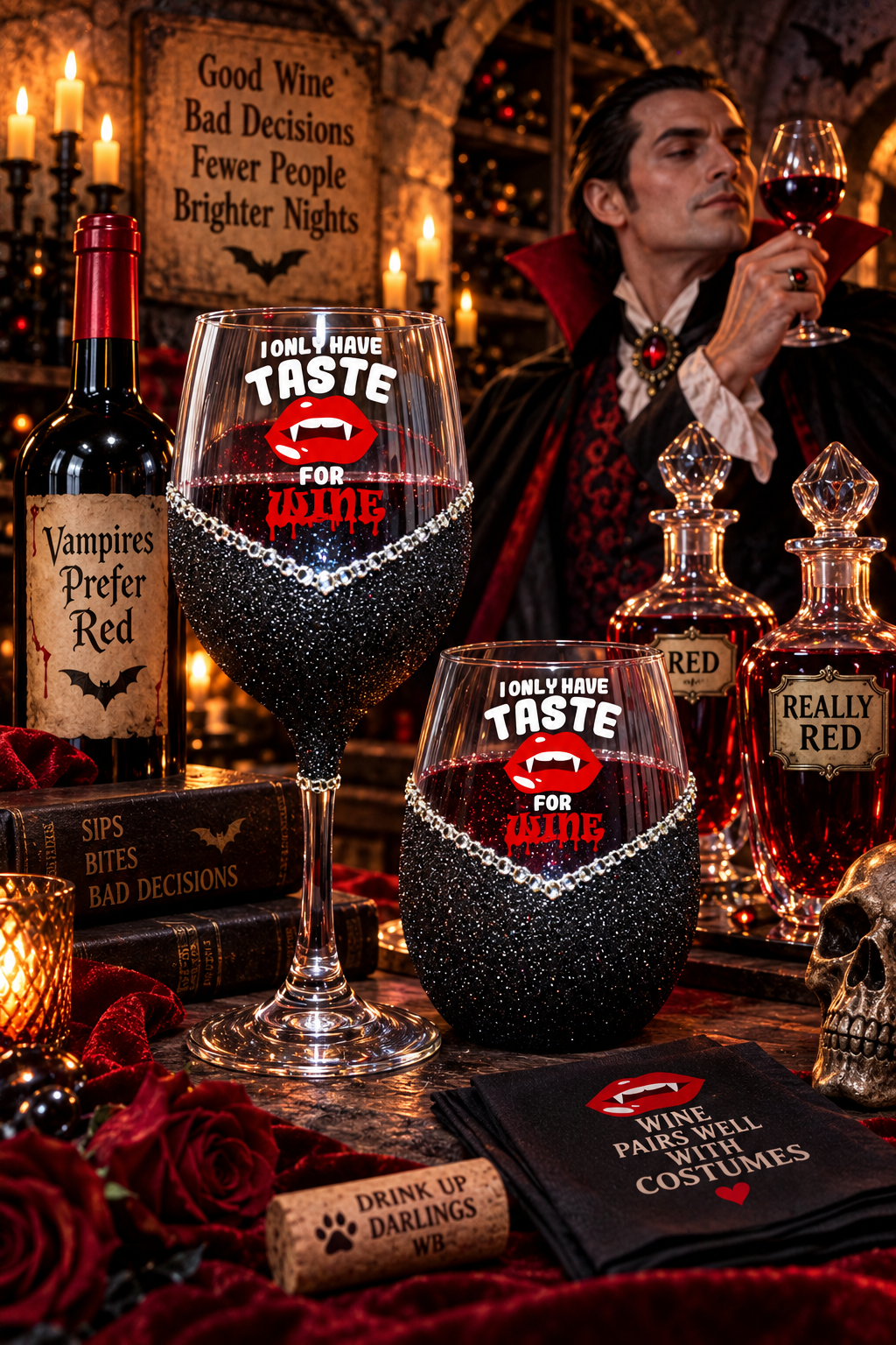 Winey Bitches I Only Have Taste For Wine- Halloween Bling Stem or Stemless Wine Glasses-Choose your color
