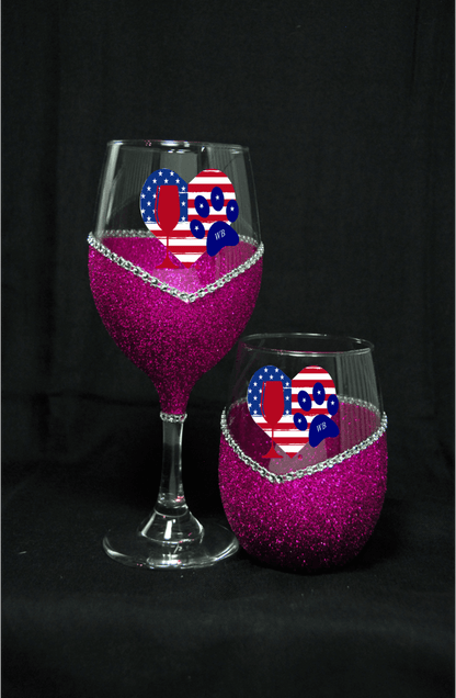 Patriotic Paw Heart – Bling Glitter Glass Wine Glasses (4th of July Collection)