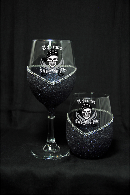 Pirate’s Life for Me (Black) – Halloween Bling Glitter Glass Wine Glasses