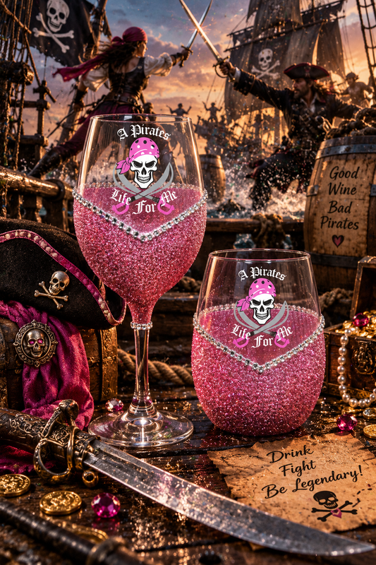 Pirates Life for Me (Pink) – Bling Glitter Glass Wine Glasses (Pirate Theme Collection)