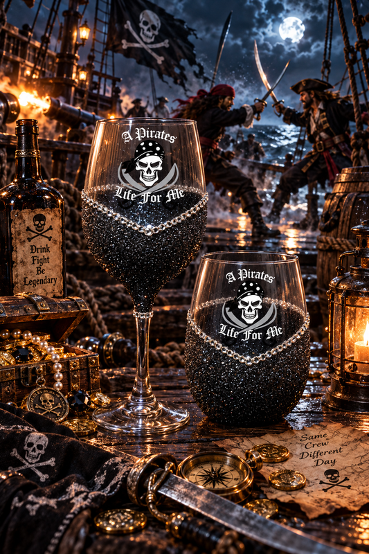 Pirate’s Life for Me (Black) – Halloween Bling Glitter Glass Wine Glasses