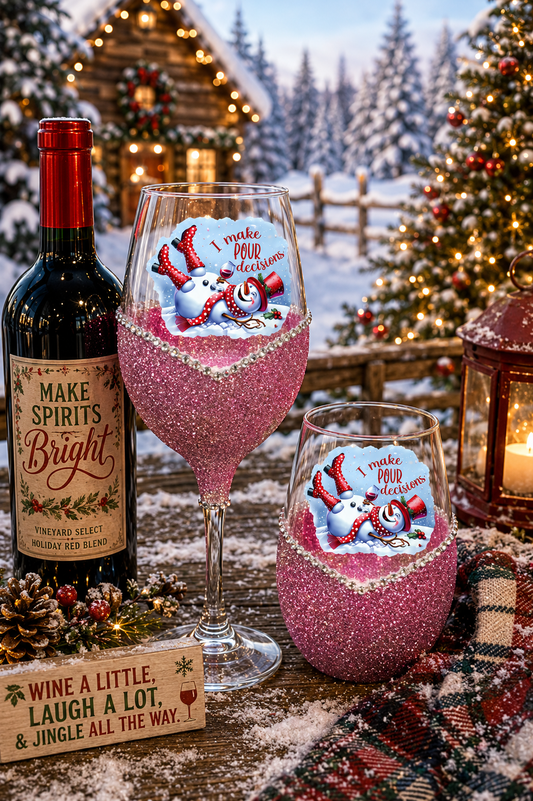 Winey Bitches Co "I Make Pour Decisions” — Snowman Holiday Bling Glass" Snowman Collection Holiday Drinkware-Choose your color