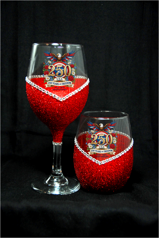 Winey Bitches Co RWB Eagle with Roses 250 Years Of Freedom Glitter Glasses