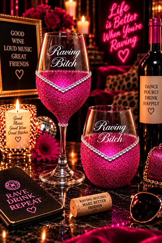 Raving Bitch – Bling Glitter Glass Wine Glass (The Bitch Collection)