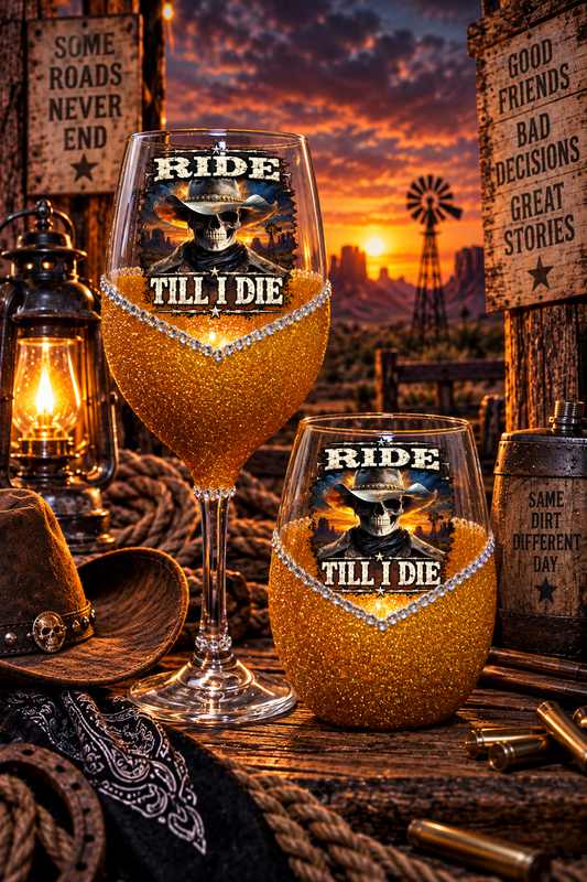 Ride Till I Die – Bling Glitter Glass Wine Glasses (Country Western Collection)