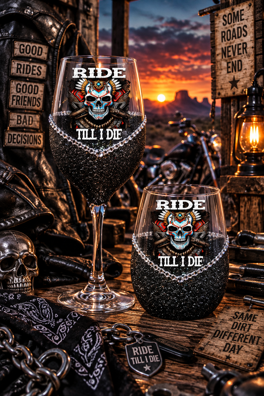 Ride Till I Die 2 – Bling Glitter Glass Wine Glasses (Country Western Collection)