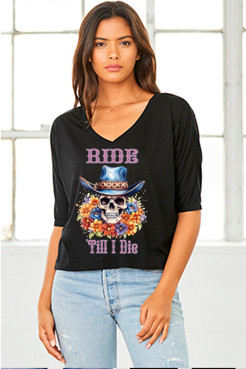 New-Ride Till I Die (Floral Skull Design)- Country Western Graphic Tee