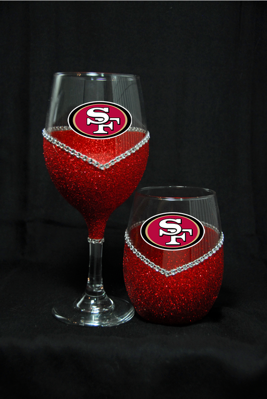 San Francisco 49er's Bling Stem or Stemless Wine Glasses-Choose your color