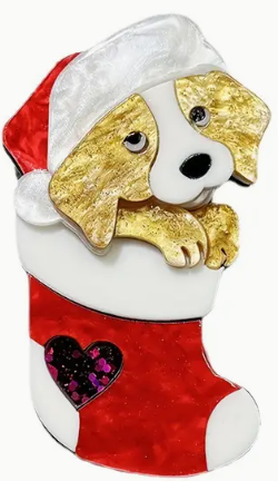 NEW- Puppy in Stocking with Christmas Hat Holiday Tipsy Sips! "Magnetic Bling for your Wine Glass"