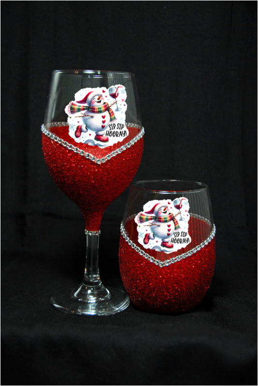 Winey Bitches Co "Sip Sip Hooray” — Snowman Holiday Bling Glass" Snowman Collection Holiday Drinkware-Choose your color