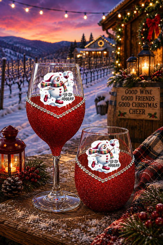 Winey Bitches Co "Sip Sip Hooray” — Snowman Holiday Bling Glass" Snowman Collection Holiday Drinkware-Choose your color