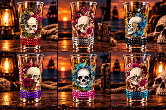 Floral Skull Shot Glass Set of 6 with Rhinestones | Winey Bitches Co
