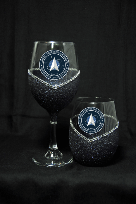 🚀🍷💋🇺🇸✨ Winey Bitches Co Military–Space Force Bling Stem or Stemless Wine Glasses