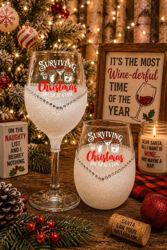 Winey Bitches Co "Surviving Christmas One Sip At A Time" Holiday Drinkware-Choose your color