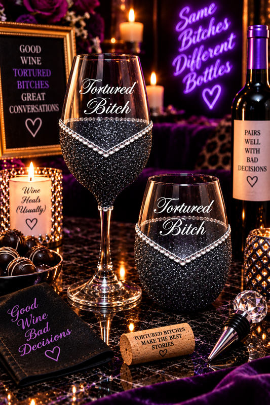 Tortured Bitch – Bling Glitter Glass Wine Glass (The Bitch Collection)
