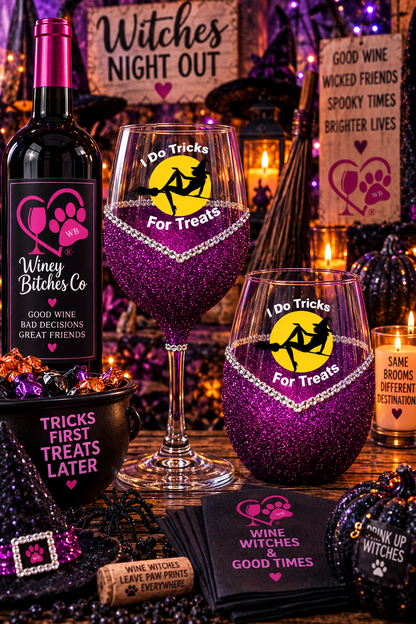 I Do Tricks For Treats Halloween Bling Stem or Stemless Wine Glasses-Choose your color