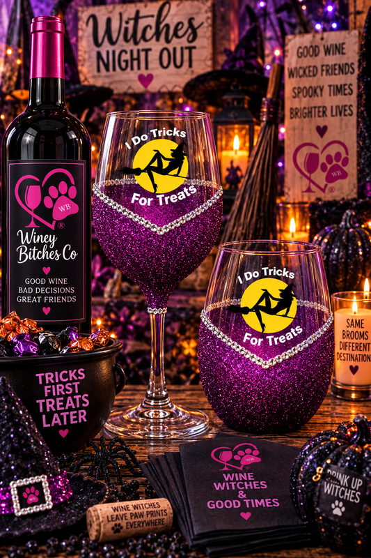 I Do Tricks For Treats Halloween Bling Stem or Stemless Wine Glasses-Choose your color