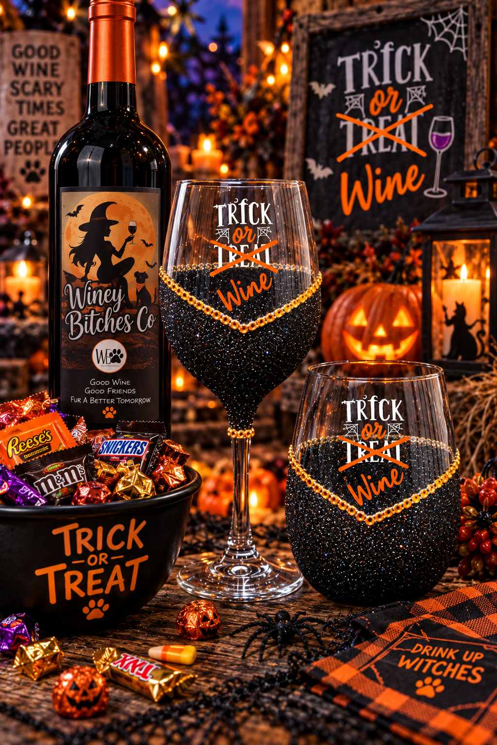 Trick or Wine – Bling Glitter Glass Wine Glasses (Halloween Collection)