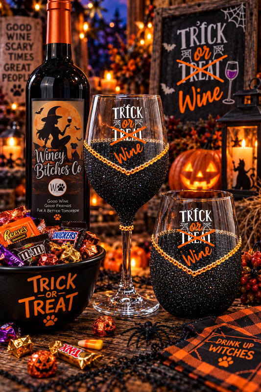 Trick or Wine – Bling Glitter Glass Wine Glasses (Halloween Collection)