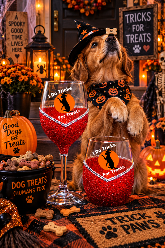 I Do Tricks for Treats (Dog Edition) – Bling Glitter Glass Wine Glasses (Halloween Collection)