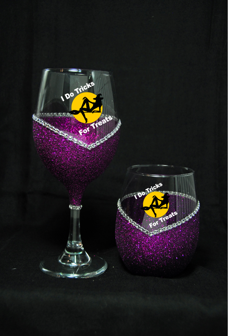 I Do Tricks For Treats Halloween Bling Stem or Stemless Wine Glasses-Choose your color