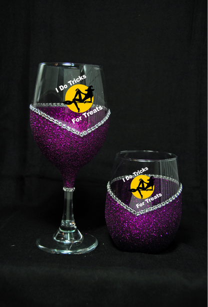 I Do Tricks For Treats Halloween Bling Stem or Stemless Wine Glasses-Choose your color