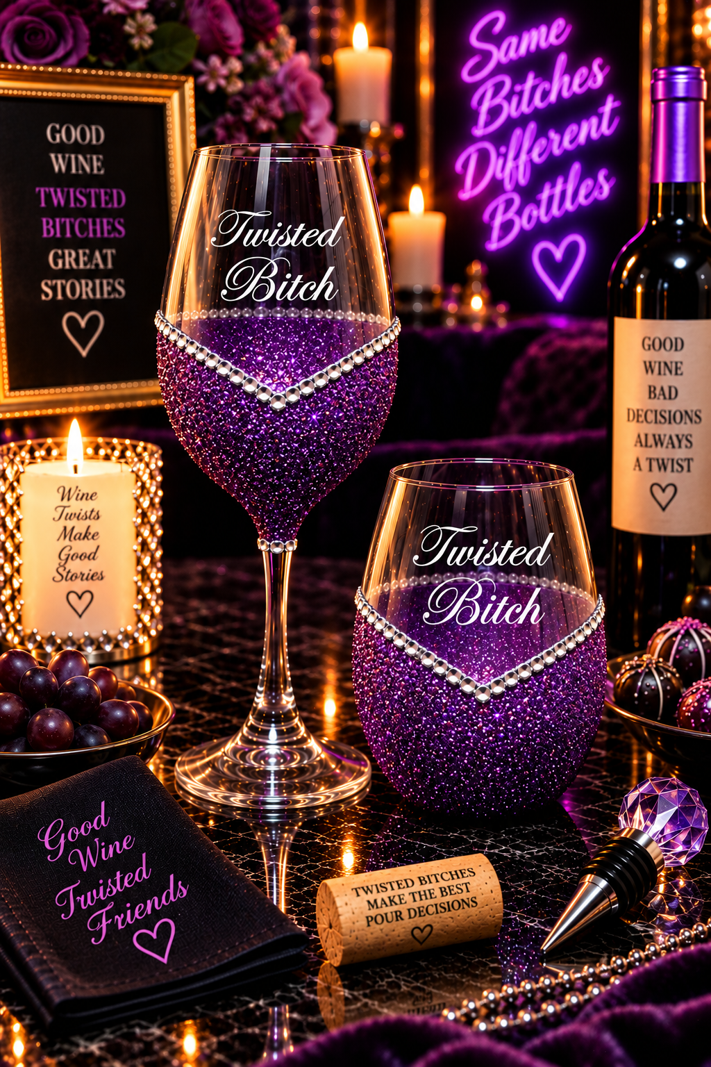 Twisted Bitch – Bling Glitter Glass Wine Glass (The Bitch Collection)