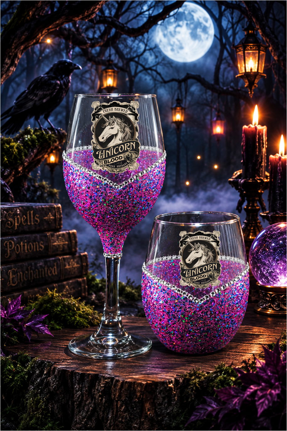 🦄🍷 Winey Bitches Co Halloween Unicorn Blood Glitter Wine Glass