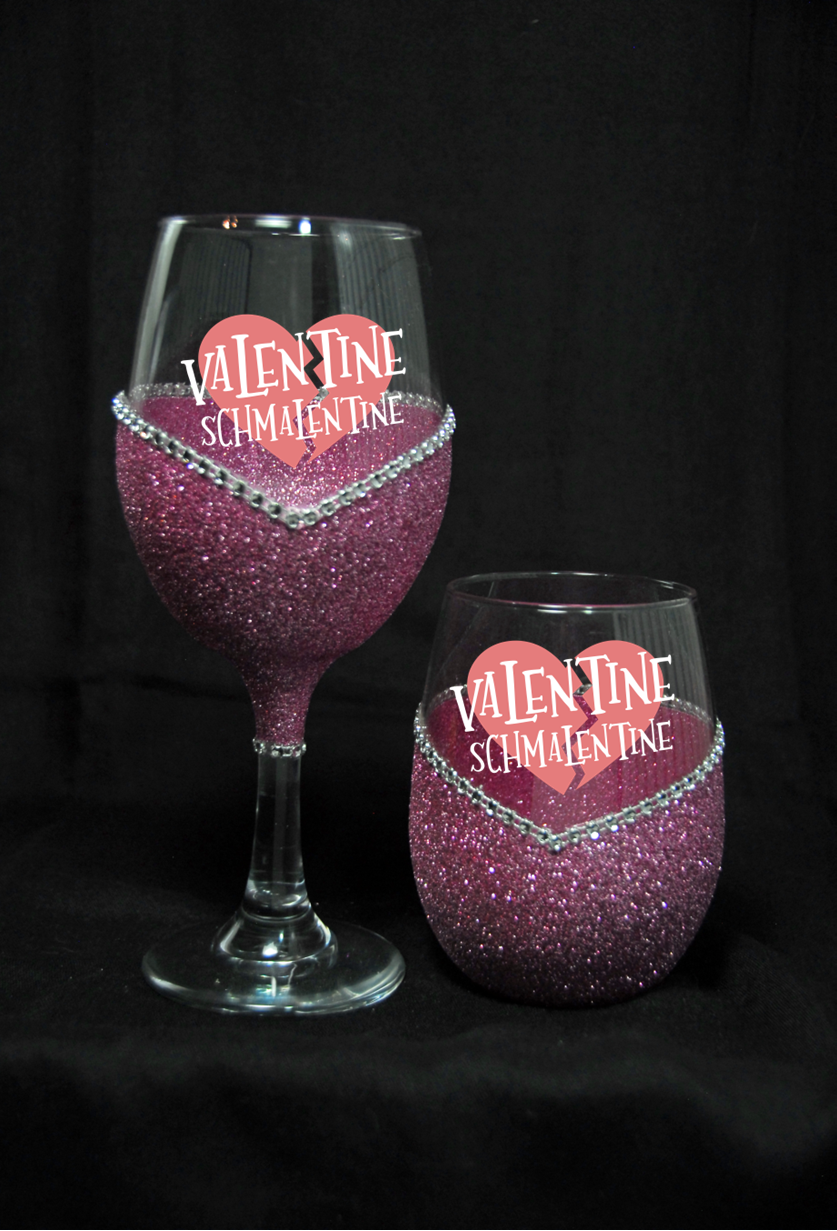 Valentine Schmalentine – Bling Glitter Glass Wine Glasses (Anti-Valentine’s Day Collection)