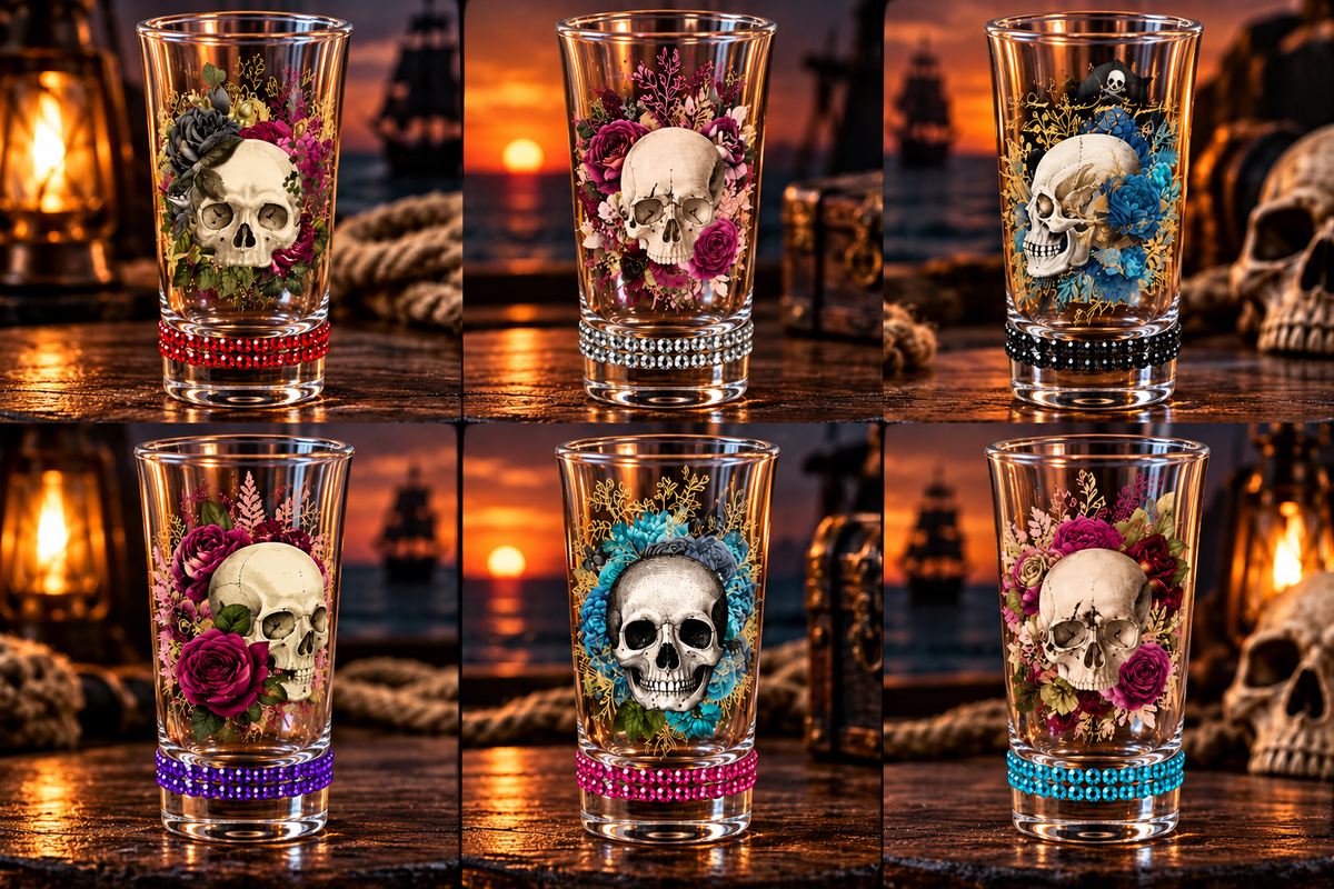 Floral Skull Shot Glass Set of 6 with Rhinestones | Winey Bitches Co