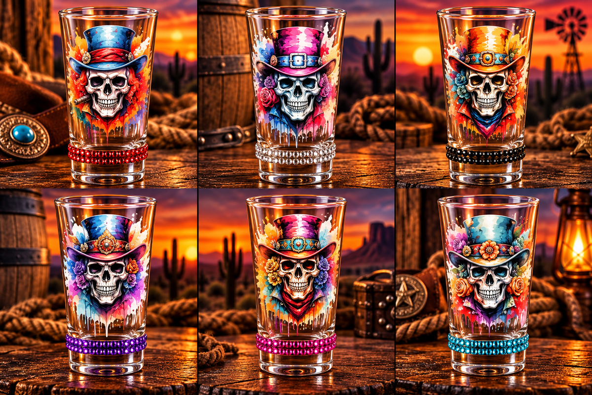 🎨💀 Winey Bitches Paint Skull Shot Glass Designs #2 Set of 6 with Rhinestones