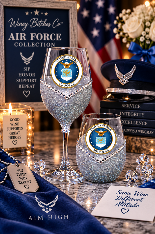 ✈️🍷💋🇺🇸✨ Winey Bitches Co Military–Air Force Bling Stem or Stemless Wine Glasses