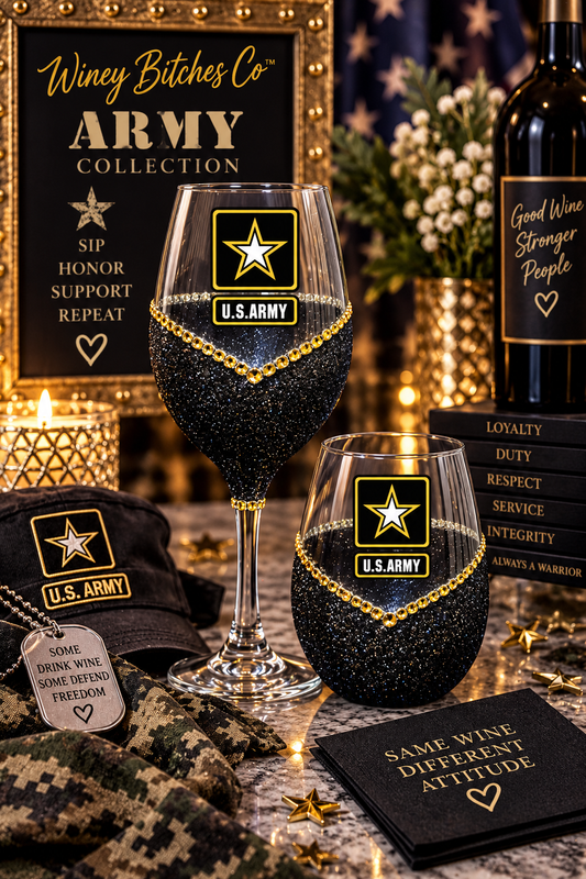 🍷💋🇺🇸✨ Winey Bitches Co Military–Army New Logo Bling Stem or Stemless Wine Glasses