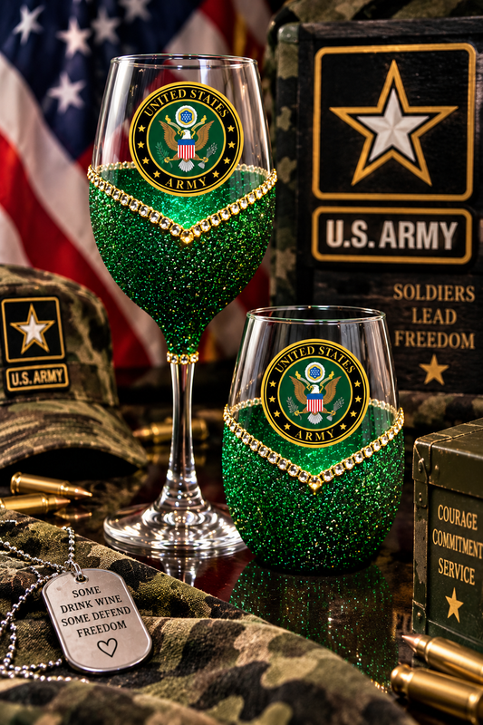 🍷💋🇺🇸✨ Winey Bitches Co Military–Army Bling Stem or Stemless Wine Glasses