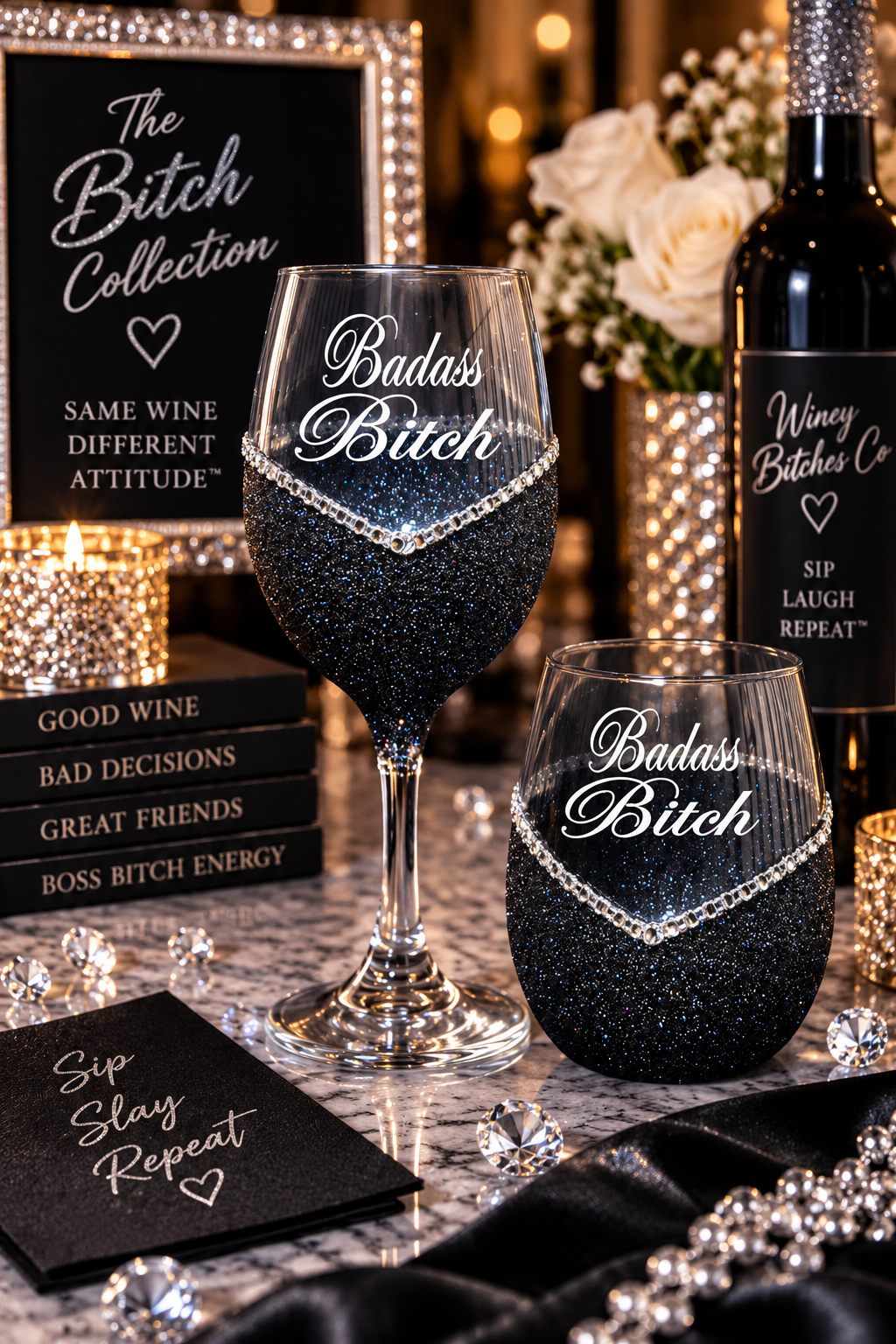 Badass Bitch – Bling Glitter Glass Wine Glass (The Bitch Collection)