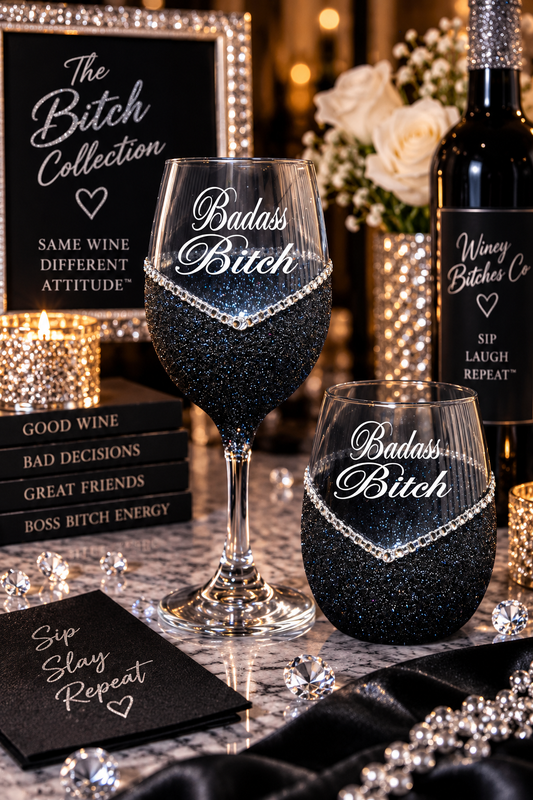 Badass Bitch – Bling Glitter Glass Wine Glass (The Bitch Collection)