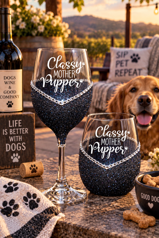 Classy Mother Pupper – Bling Glitter Glass Wine Glasses (Just Sayin’ Collection)