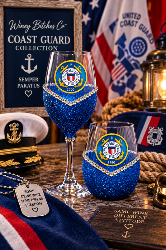 ⚓🍷💋🇺🇸✨ Winey Bitches Co Military–Coast Guard Bling Stem or Stemless Wine Glasses